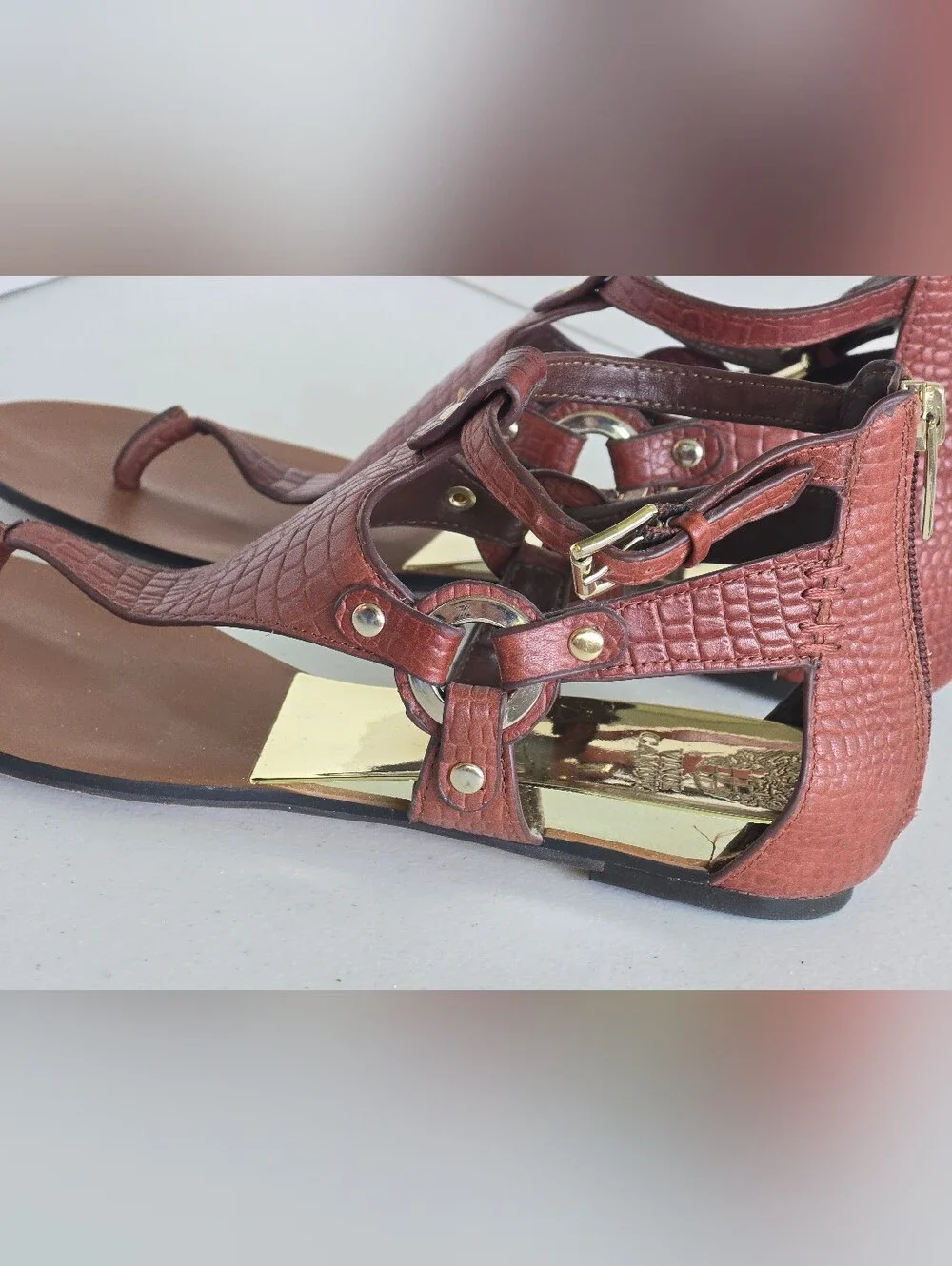 Vince Camuto | Averie Warm Brown Croc-Embossed Sandals with Gold Accents